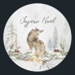 Adesivo Woodland Scense Wolf French Merry Christmas Sticke<br><div class="desc">Esta design apresenta uma ilustração aquática de uma cena de floresta vitoriosa com lobo. Texto em francês Joyeux Noël - Feliz Natal</div>