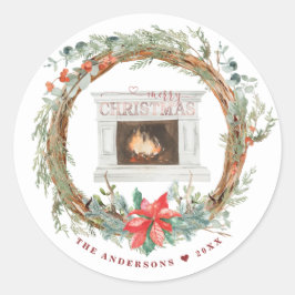 Adesivo Wreath Cozy Lareira de inverno Feliz Natal