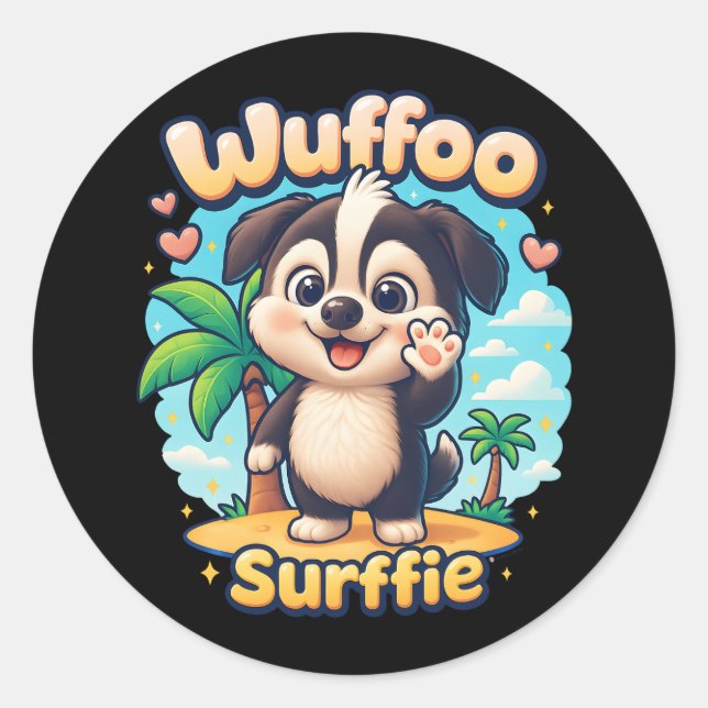 Adesivo Wuffoo Surffie Cute Kawaii Puppy Tropical Island (Frente)