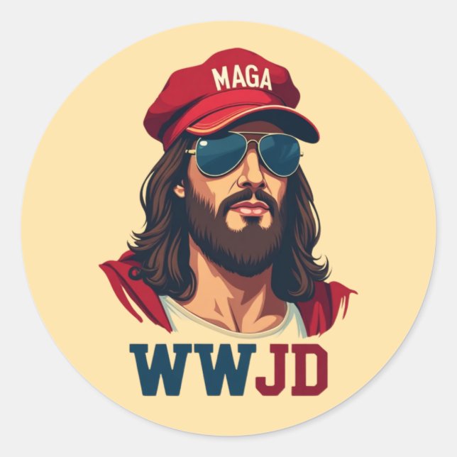 Adesivo WWJD - Jesus Republicano no Chapéu MAGA (Frente)