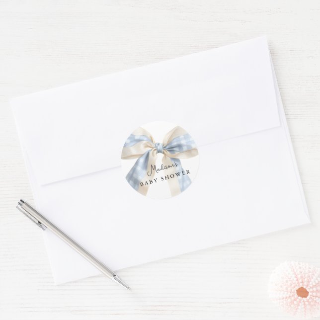 Adesivo Xadrez Azul Gingham Laço Fofo Chá de Bebê (Envelope)