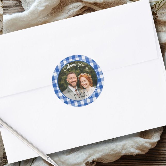 Adesivo Xadrez Azul Obrigado Foto (Blue Gingham Thank you Photo Classic Round Sticker)