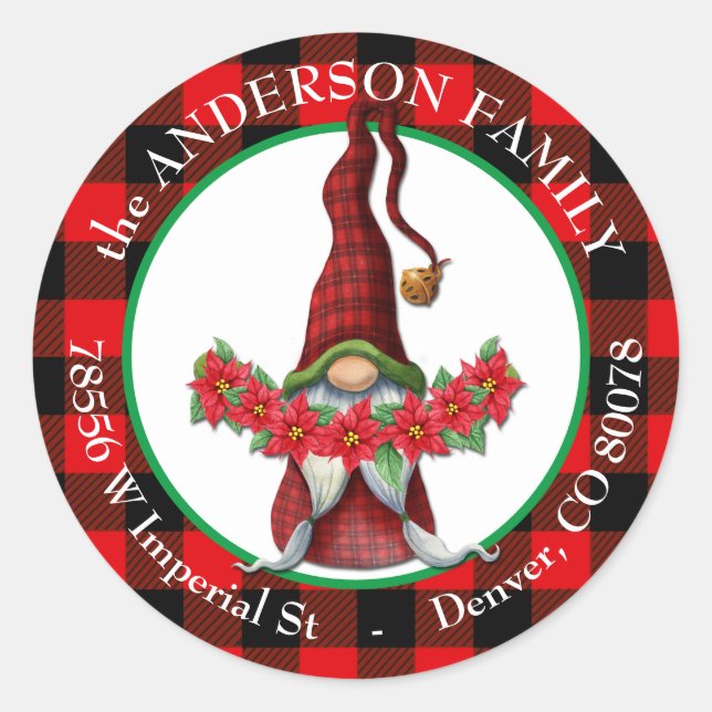 Adesivo Xadrez de Buffalo Poinsettia Gnome Endereço de ret (Frente)