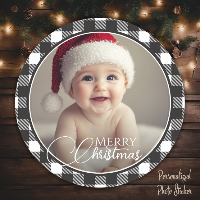 Adesivo Xadrez de Buffalo Rustic Foto de Natal Feliz (Rustic Buffalo Plaid Merry Christmas Photo Classic Round Sticker)