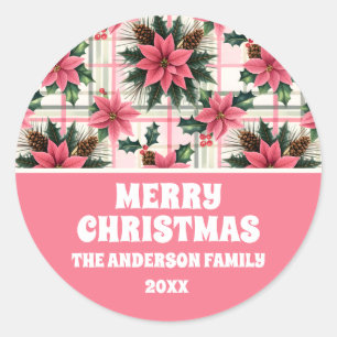 Adesivo Xadrez Floral de Natal Rosa Rosa Feliz Natal Feliz