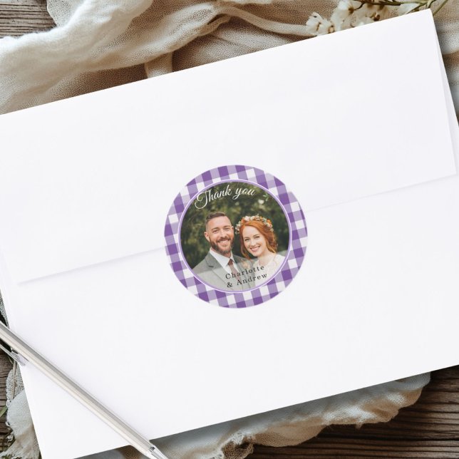 Adesivo Xadrez Roxo Obrigado Foto (Purple Gingham Thank you Photo Classic Round Sticker)