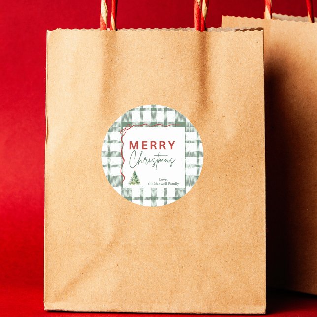Adesivo Xadrez Verde Russo Vinheta de Natal Feliz (Rustic Green Plaid Merry Christmas Sticker
)