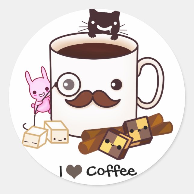 Adesivo Xícara de café com bigode e animais kawaii (Frente)
