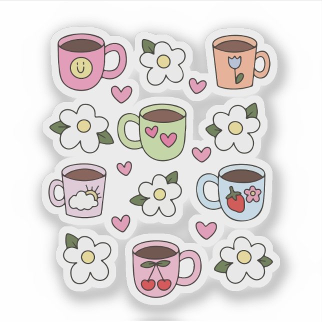 Adesivo Xícara de chá kawaii e flores  (Frente)