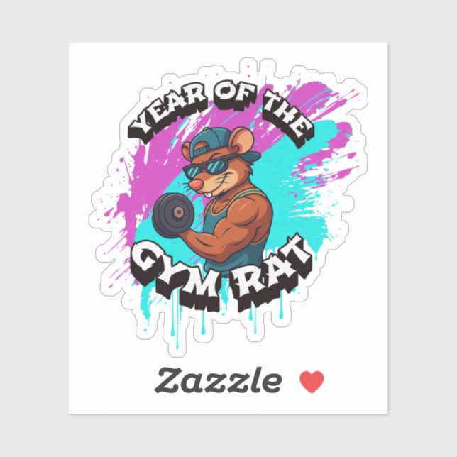 Adesivo Year of the Gym Rat Funny Workout Cartoon Design (Folha)