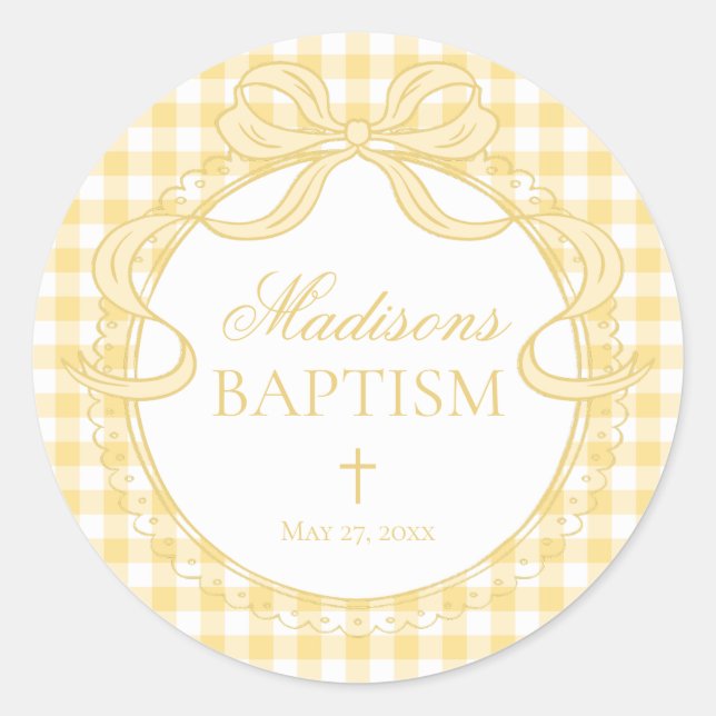 Adesivo Yellow Gingham Coquette Bow Baptism Envelope Seal (Frente)
