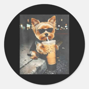 Adesivo Yorkie Engraçado Bebendo Café Gelado Meme de Cacho