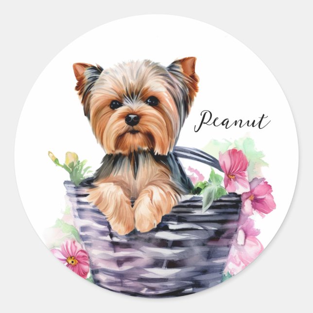 Adesivo Yorkie personalizado na Arte de Aquarela de Cesta (Frente)