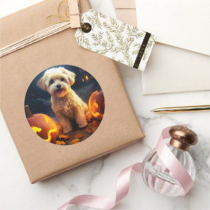Adesivo Yorkipoo do Halloween Com Pumpkins Assustado