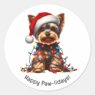 Adesivo Yorkshire Terrier Com Chapéu de Papai Noel e Luzes