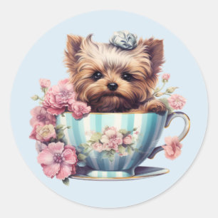 Adesivo Yorkshire Terrier Sentado em Xícara de Chá com Flo