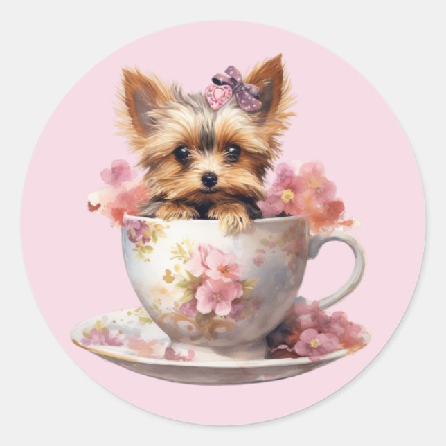Adesivo Yorkshire Terrier sentado na Taça Tea com flores (Frente)