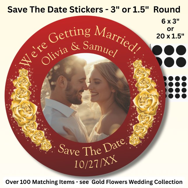 Adesivo Your Photo, Save The Date, Gold Flowers Maroon Red (Criador carregado)
