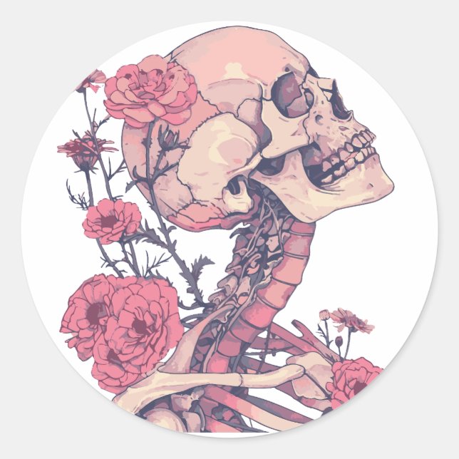 Adesivos Clássicos Redondos. Esqueleto com flores. (Frente)