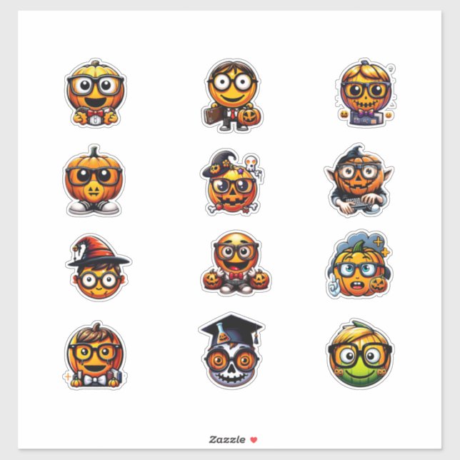 Adesivos de Abóbora Emojis Nerds de Halloween (Folha)