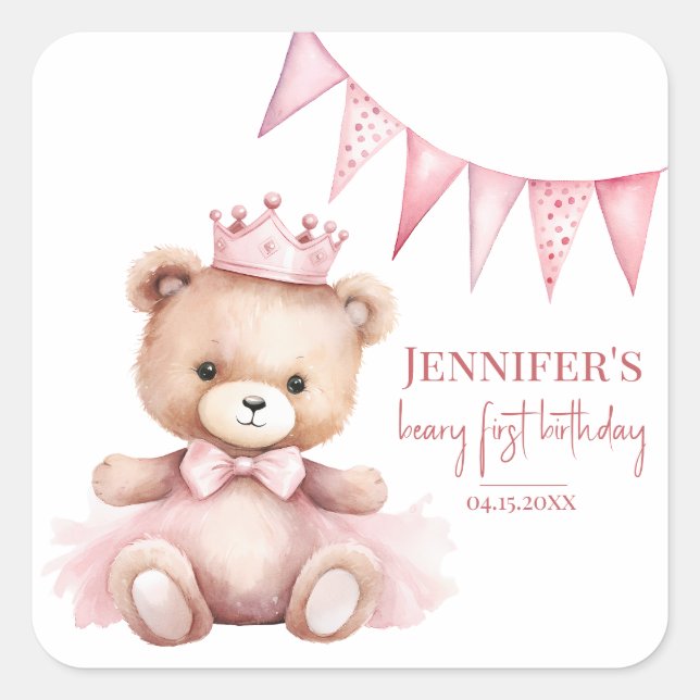 Adesivos de aniversário de 1 ano de menina com urs (Frente)