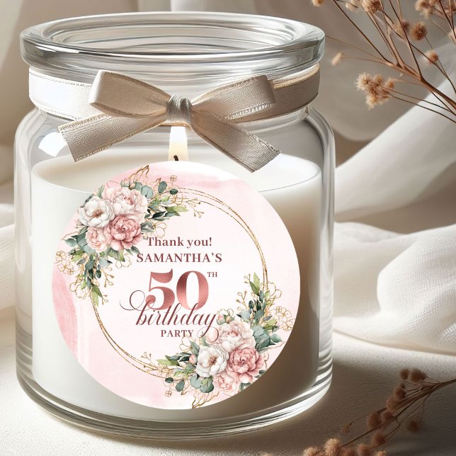 Adesivos de Aniversário de 50 anos com Flora e Ver (Dusty Pink Floral Greenery 50th Birthday Stickers)