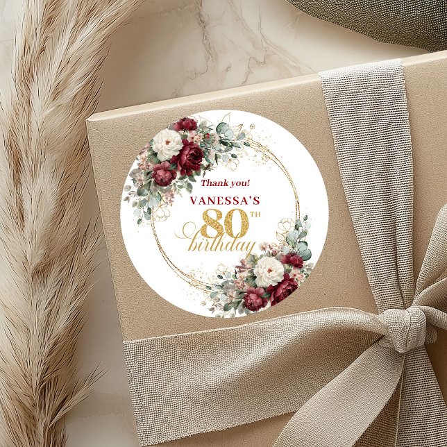 Adesivos de Aniversário de 80 Anos Rustic Blush Bu (Rustic Blush Burgundy 80th Birthday Stickers)