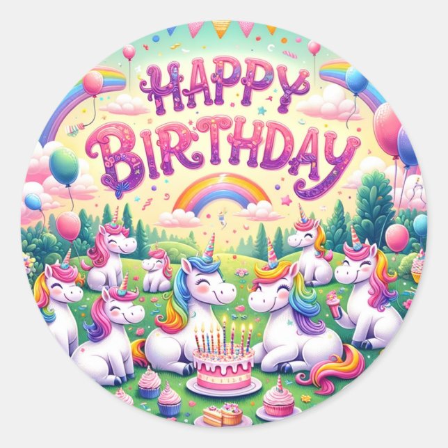 Adesivos de aniversário de unicórnio do arco-íris (Frente)
