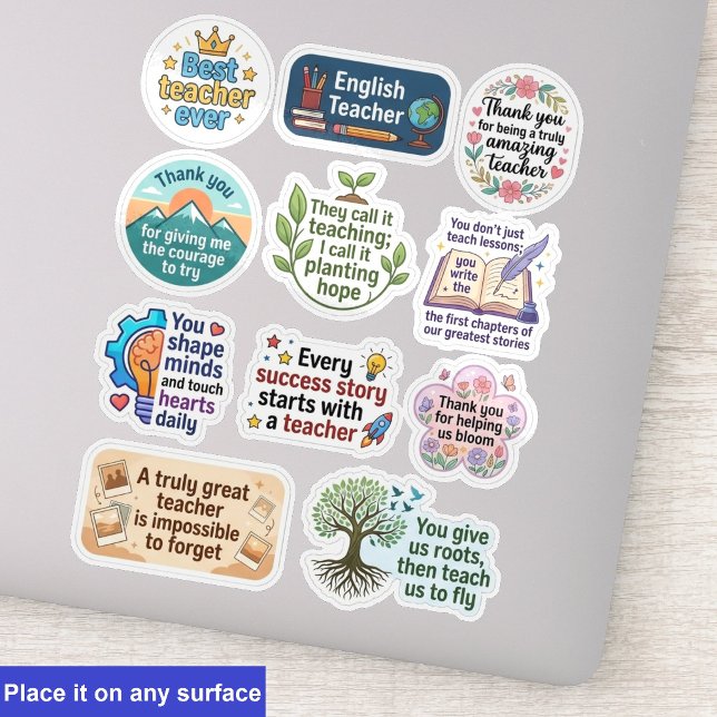 Adesivos de Apreciação para Professores em 11-Pack (teacher appreciation sticker pack, retro teacher quote decals)
