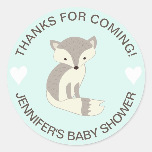 Adesivos de Baby Shower de Raposa com Coração Verd (Frente)
