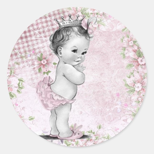Adesivos de Baby Shower Rosa Princesa Vintage (Frente)