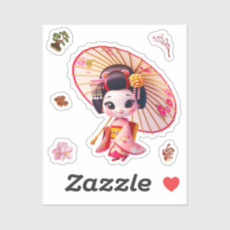 adesivos de boneca kokeshi, Geisha com guarda-chuv