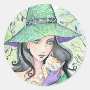 Adesivos de Bruxa de Halloween Verde e Gato Atigra
