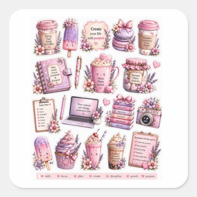 Adesivos de Café e Doces Lavanda Kawaii (Frente)