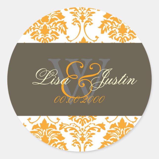 Adesivos de casamento com monograma Damask laranja (Frente)