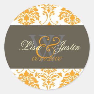 Adesivos de casamento com monograma Damask laranja