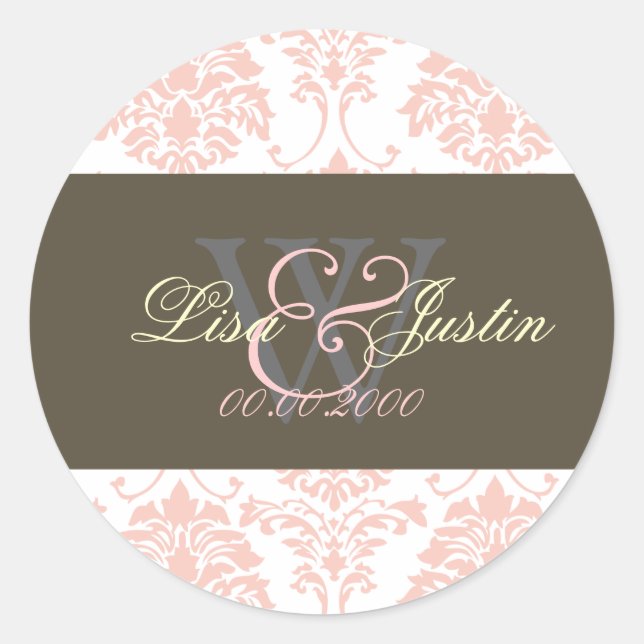 Adesivos de casamento com monograma Damask rosa (Frente)