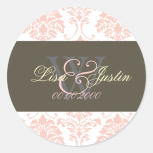 Adesivos de casamento com monograma Damask rosa