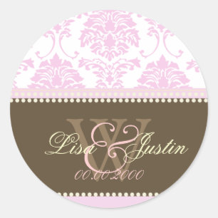 Adesivos de casamento com monograma Pink Damask