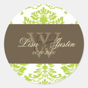 Adesivos de casamento do monograma verde Damask