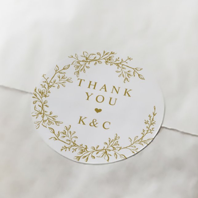 Adesivos de casamento elegantes com flores dourada (Elegant wedding favor stickers - thank you with heart and botanical greenery wreath)