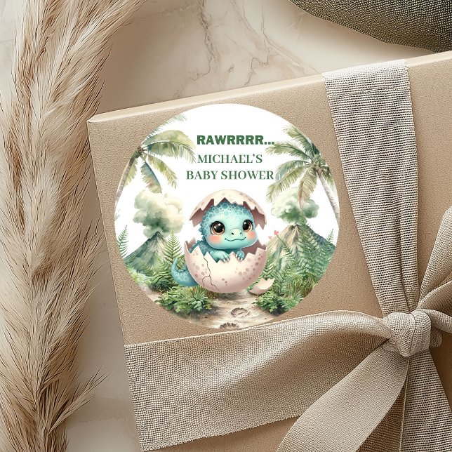 Adesivos de Chá de Bebê de Ovo de Dinossauro Queim (Hatching Soon Dino Egg Baby Shower Stickers)