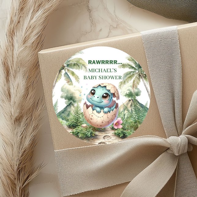 Adesivos de Chá de Bebê Dinossauro Nasce Logo (Hatching Soon Dinosaur Baby Shower Stickers)