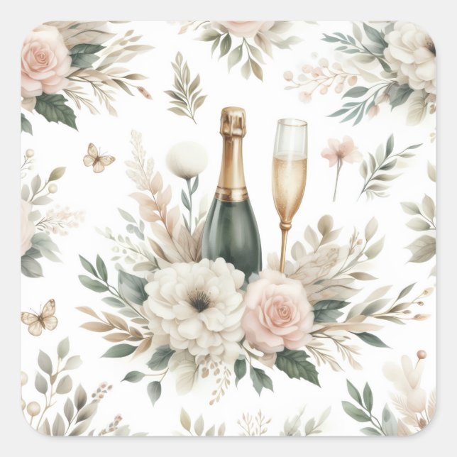 Adesivos de Champanhe Floral Cor-de-Rosa (Frente)