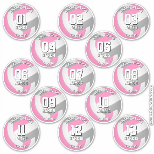 adesivos de equipe de vôlei cinza rosa 13 atletas (Frente)