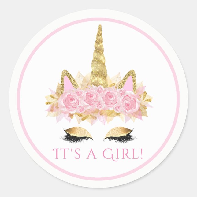 Adesivos de festa de bebê Unicórnio Fofo Face Rosa (Frente)