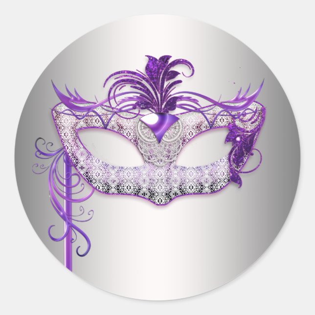 Adesivos de Festa de Máscaras Roxo Prata (Frente)