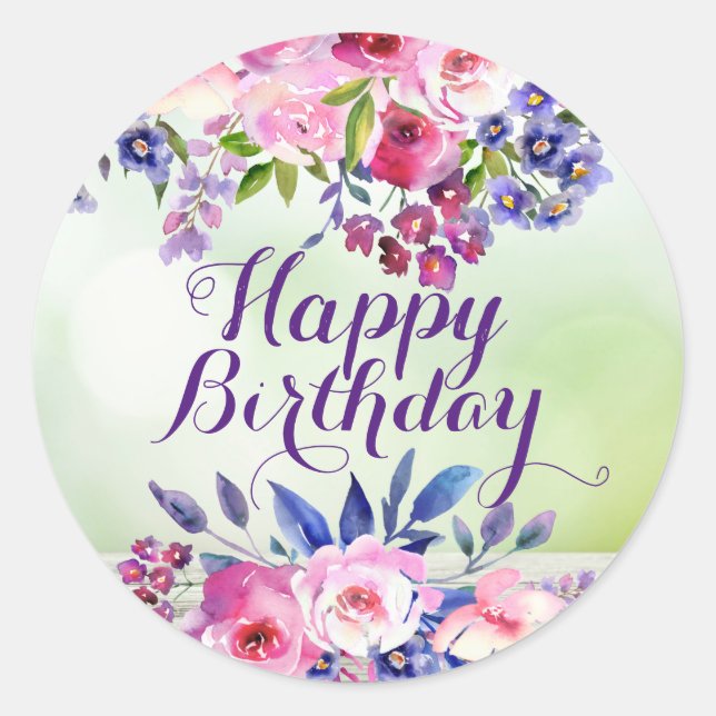 Adesivos de Flores em Aquarela Feliz Aniversário (Frente)
