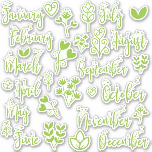 Adesivos de Folha de Caligrafia de 12 Meses Verde (Frente)