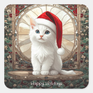 Adesivos de Gatinho Branco com Chapéu de Papai Noe